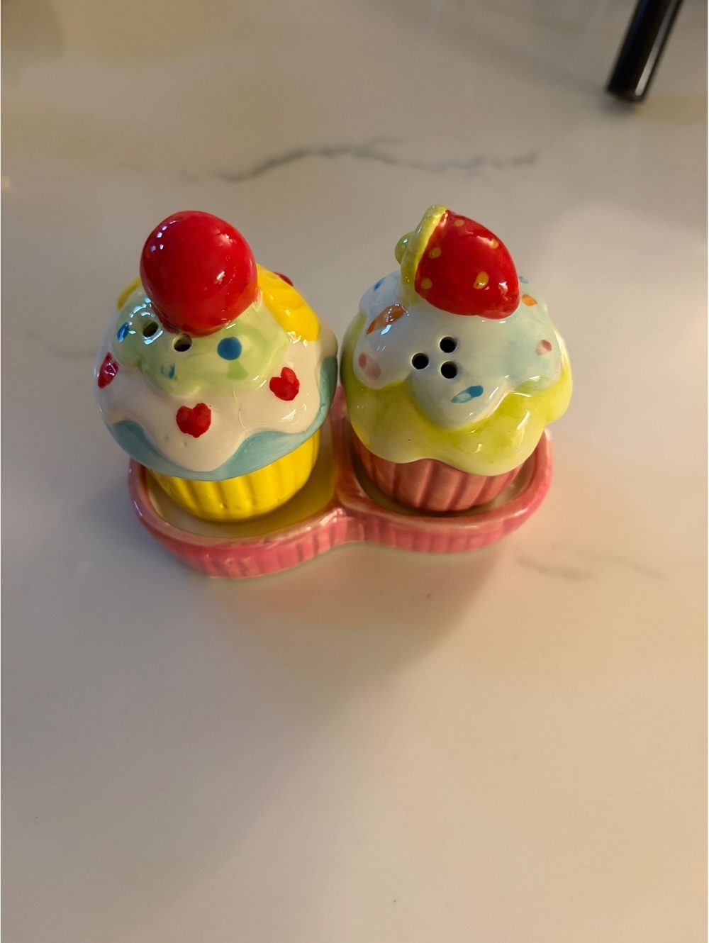 Ceramic Cupcake Salt and Pepper Shakers with Pink Double Holder